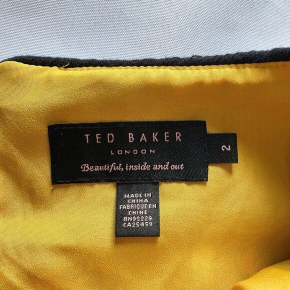 TED BAKER BARTA YELLOW ORANGE FLORAL BLACK SHEER CHIFFON PLEATED A-LINE DRESS - Picture 8 of 14